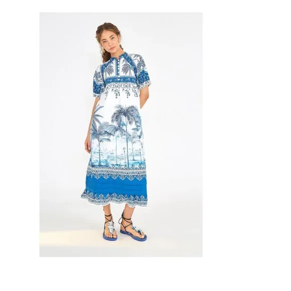 FARM Rio | Dresses | Farm Rio Blue White Beach Palm Midimaxi Dress Size  Small | Poshmark